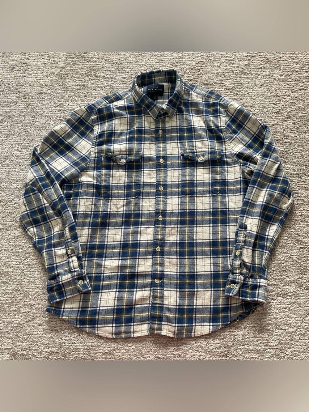Lucky Brand Flannel Button Up Shirt Mens Large Blue Plaid Long Sleeve Western